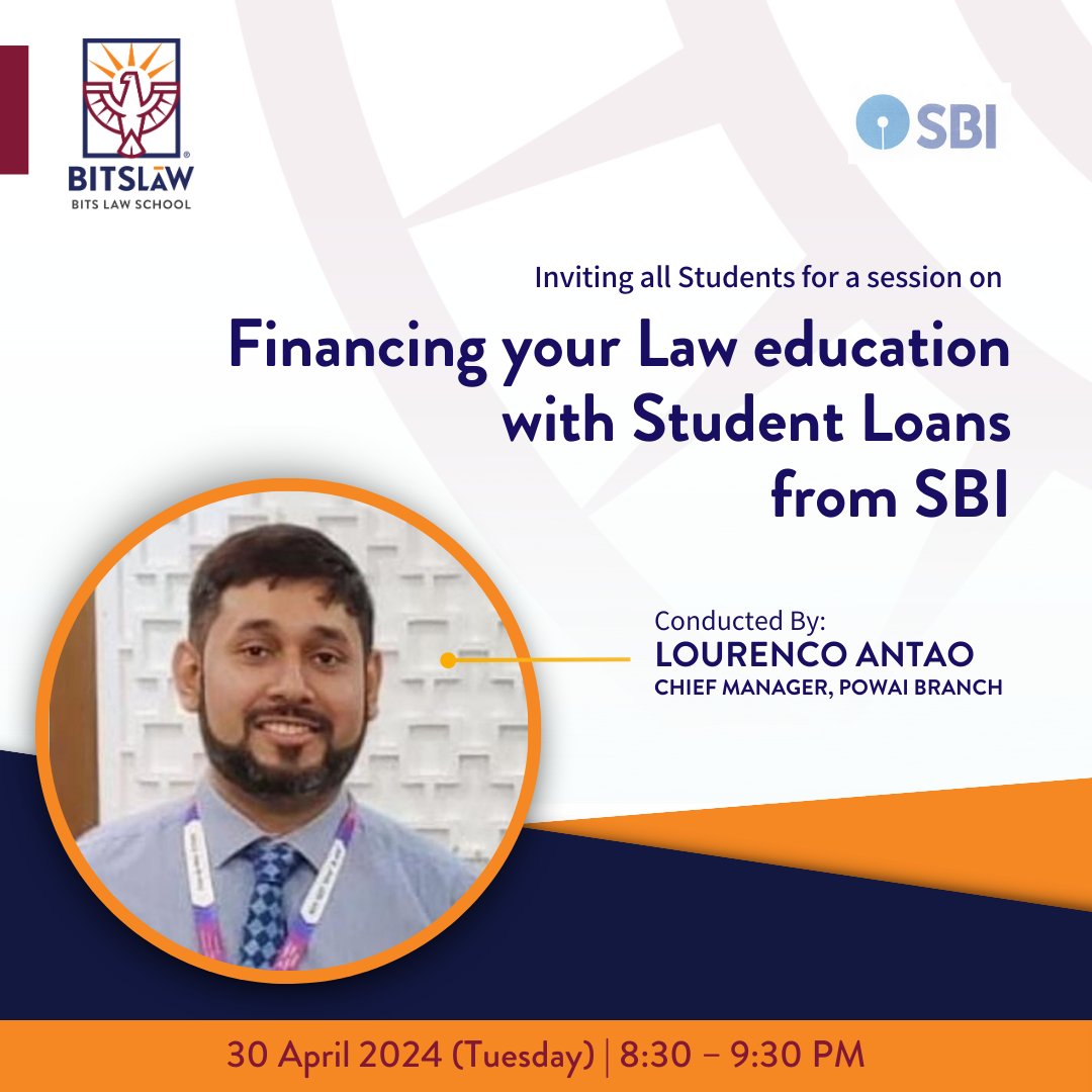Join us on this 30 April 2024 (Tues), from 8:30-9:30 PM, for a webinar on financing your law education with student loans from @TheOfficialSBI. Register by clicking this link: bit.ly/3UjXaqN. #BITSLAW #BITSLAWWebinar #BITSPilani #SBIStudentLoans
