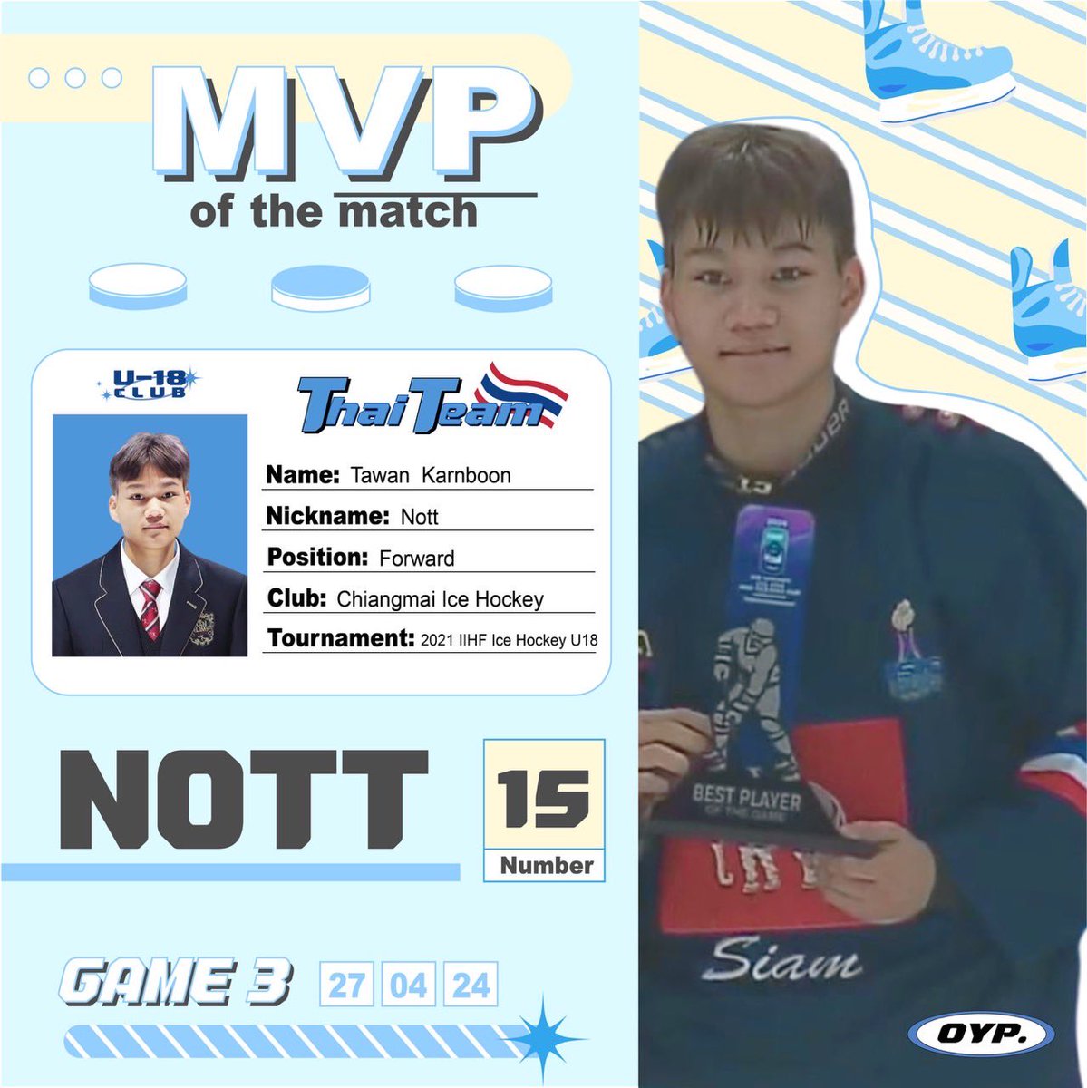 OYP would love to congratulate '#TAWAN15 - Nott Tawan' for being the MVP of GAME3 ✱⊹ ｡ ﾟ