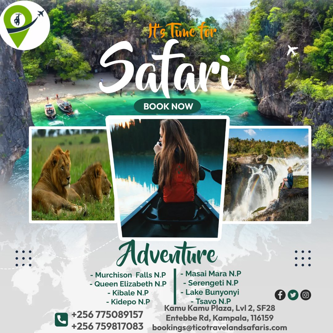 You Overwork, and you truly need a Safari Vacation to take some stress out. Yes. Lets make it for you with your Loved ones. #MurchisonFalls #QueenElizabeth #KidepoValley #LakeMburo etc. Its a Unique experience. Book a Full Package with us.
@Ticotravelsug