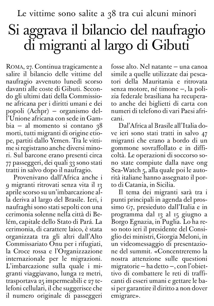 Si aggrava il bilancio del naufragio di migranti al largo di Gibuti
Le vittime sono salite a 38 tra cui alcuni minori
@oss_romano