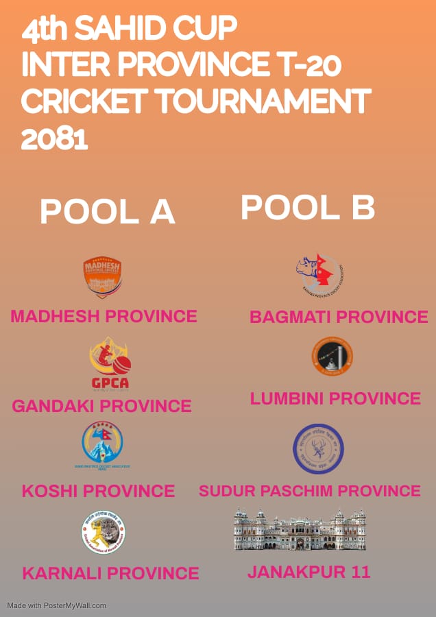 Get ready for the ultimate cricket showdown! The 4th Sahid Cup Inter Province T-20 Cricket Tournament kicks off on Baisakh 20 at Ram Janki Rangasala. Seven provinces, including host Janakpur 11, will battle it out for glory. 🏏

#MadheshCricket | #CricketMadhesh | #CricketNepal