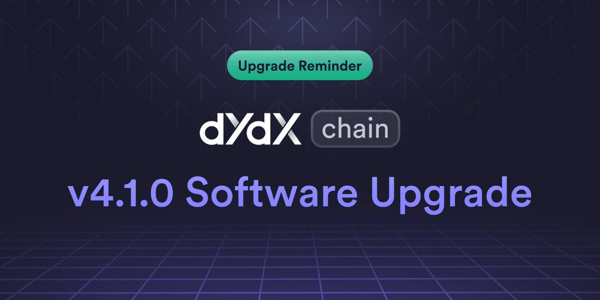 ⏰ Software Upgrade Reminder ⏰ The dYdX Chain will undergo a software upgrade to v4.1.0 on block 14,404,200. This block would be created approximately on April 29 at 12:30 UTC (based on 1.065s block time). Real-time estimates of the block creation ⏳ mintscan.io/dydx/block/144…