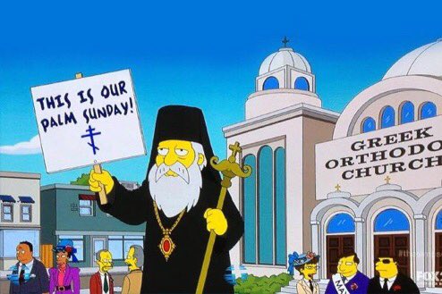 Wishing all Greeks 🇬🇷 a blessed Palm Sunday today and a 
Holy Week ☦️ ahead. 

Here’s the Simpsons paying tribute to the Greek Orthodox Church! 

#OrthodoxPalmSunday