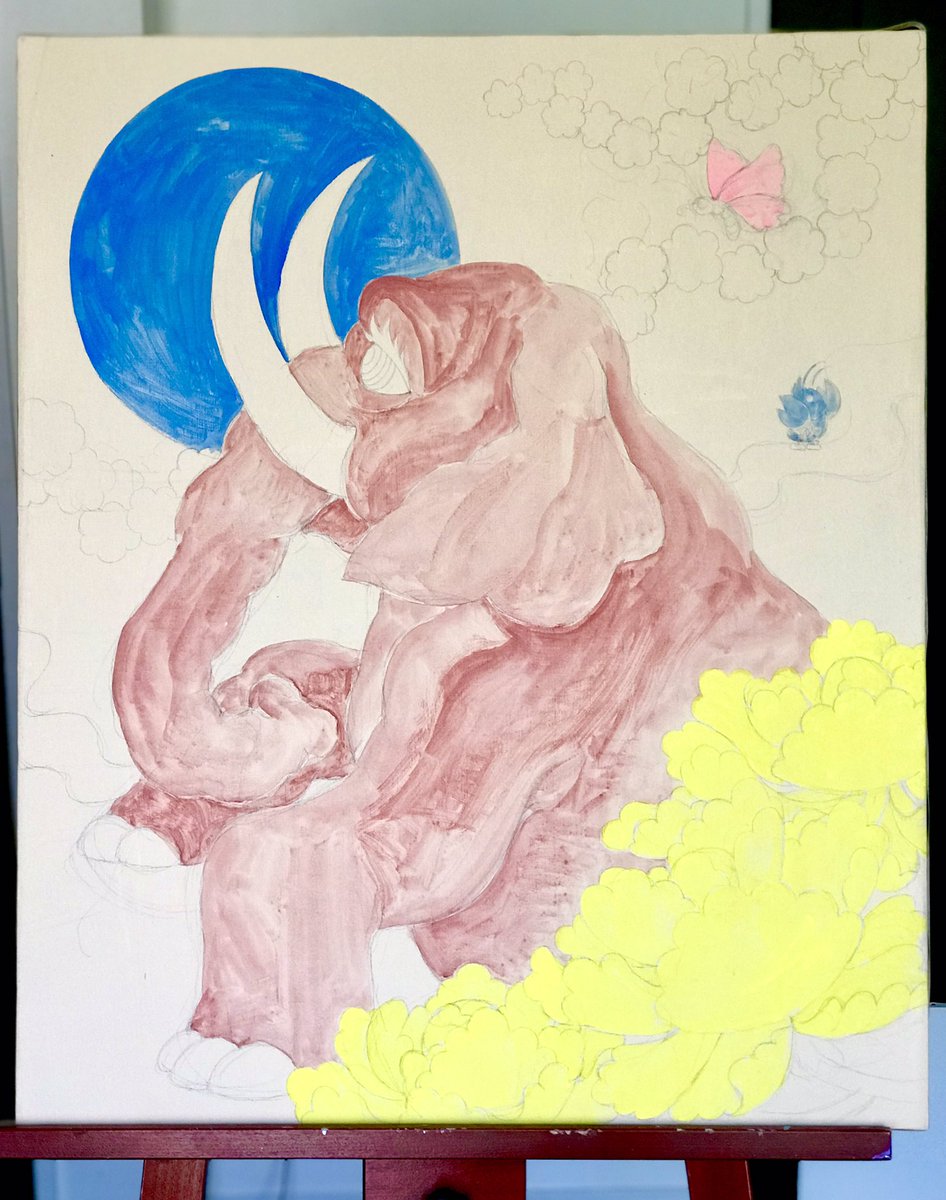 「F20キャンバスにペソペソ下地の色塗り。絵画制作で引き籠り生活が始まったよ。6月」|柴田亜美staffのイラスト