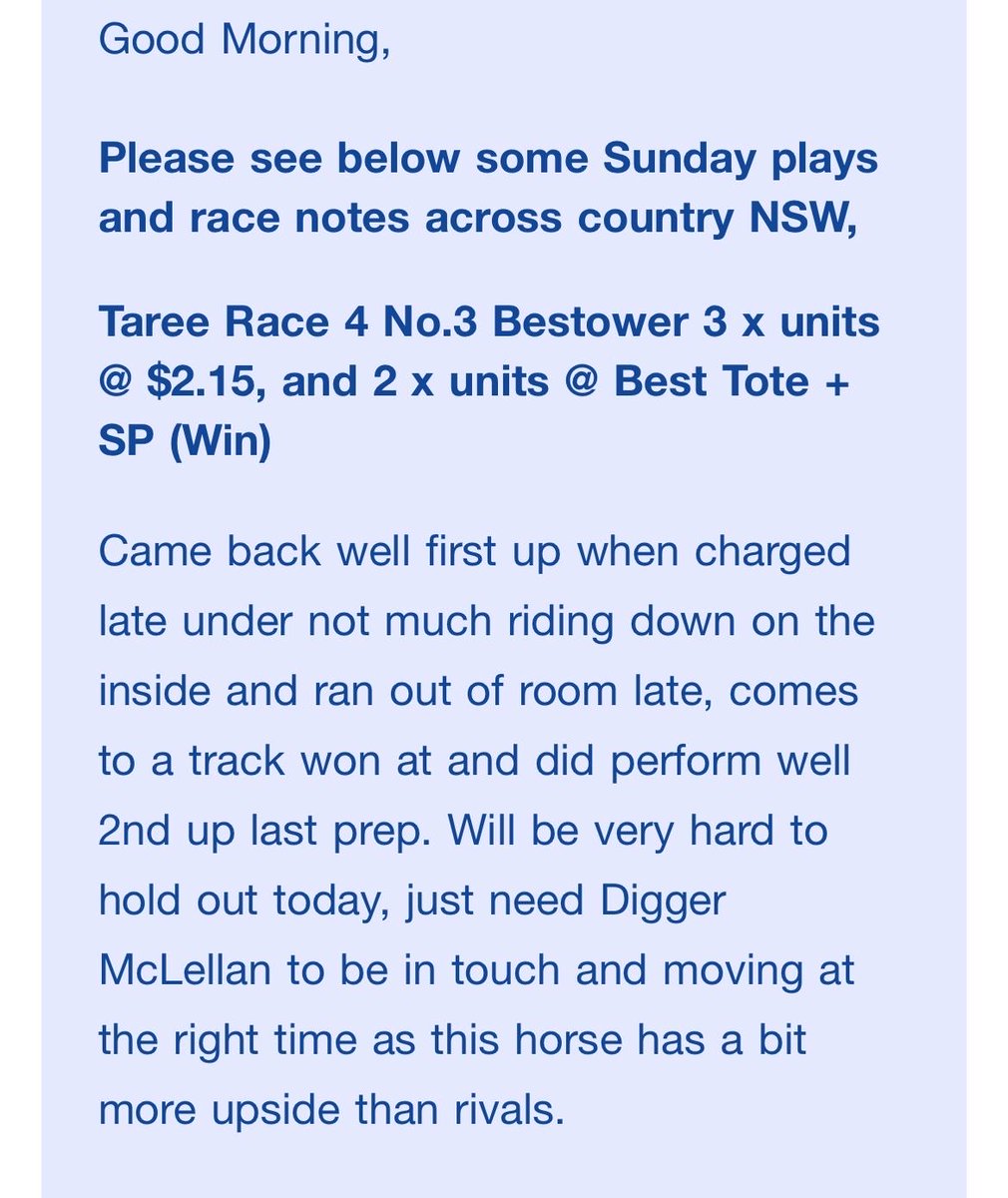 Close to max bet Bestower gets the job done at Taree. Sundays are better than Saturdays 😜✅ libbytips.com to join the team