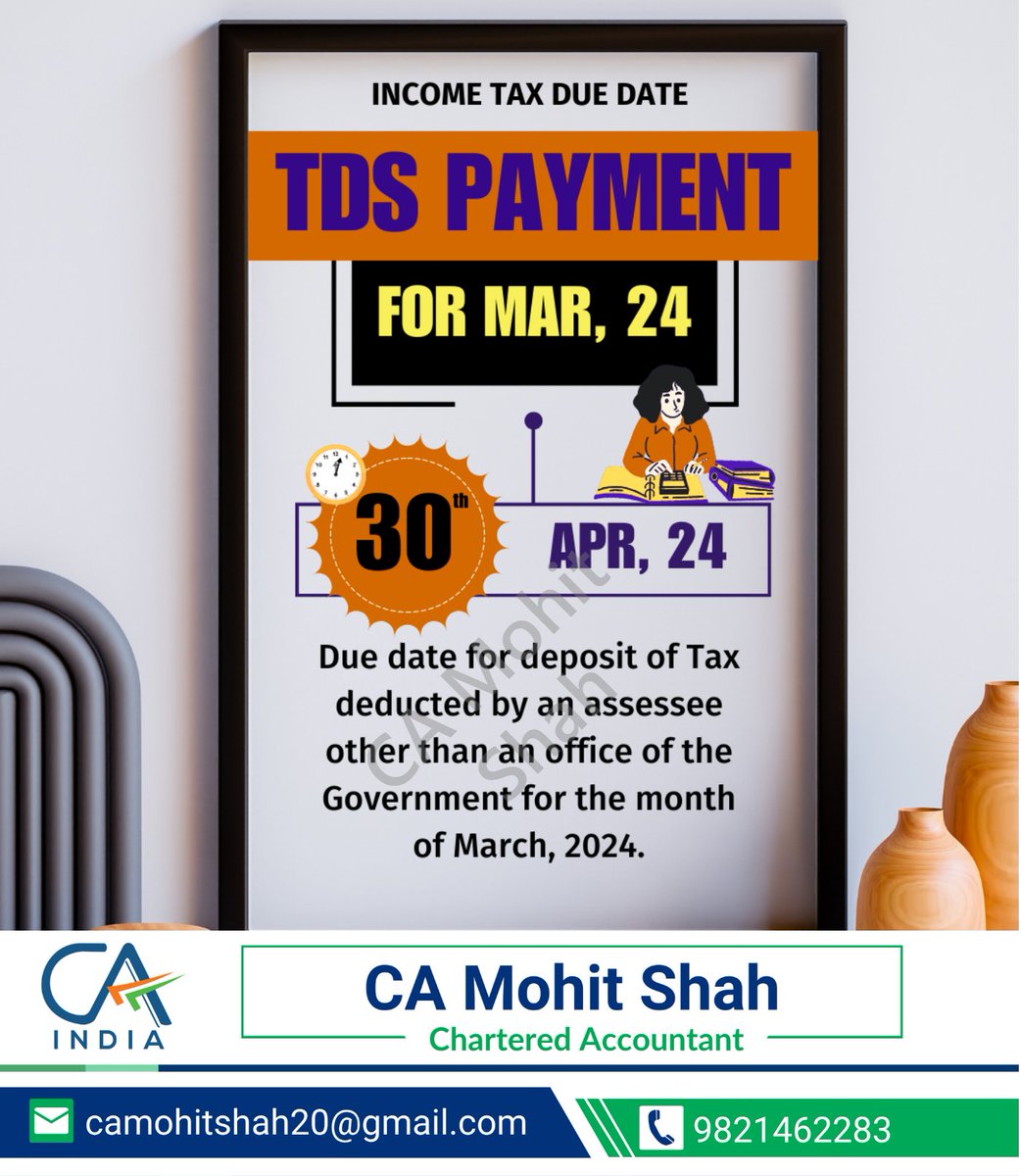 30th April,2024 is the due date for depositing Tax Deducted at Source (TDS) by assessee other than government offices for March 2024. Stay compliant with tax regulations!   

#TDSPayment #TaxDeduction #IncomeTax #Taxation #FinancialPlanning #TaxCompliance #TaxRegulations