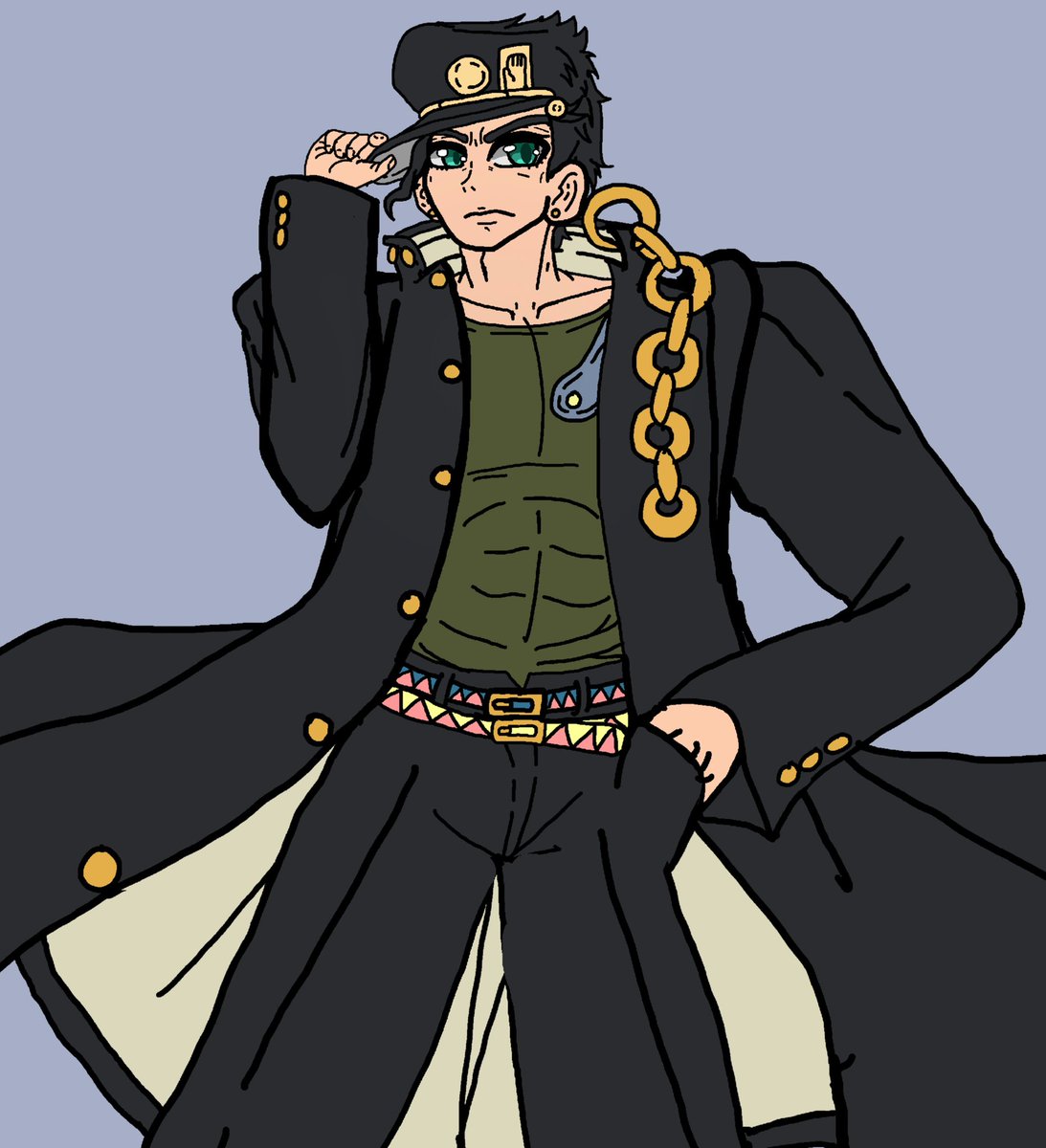 kujo jotaro solo black hair 1boy hat green eyes school uniform male focus  illustration images