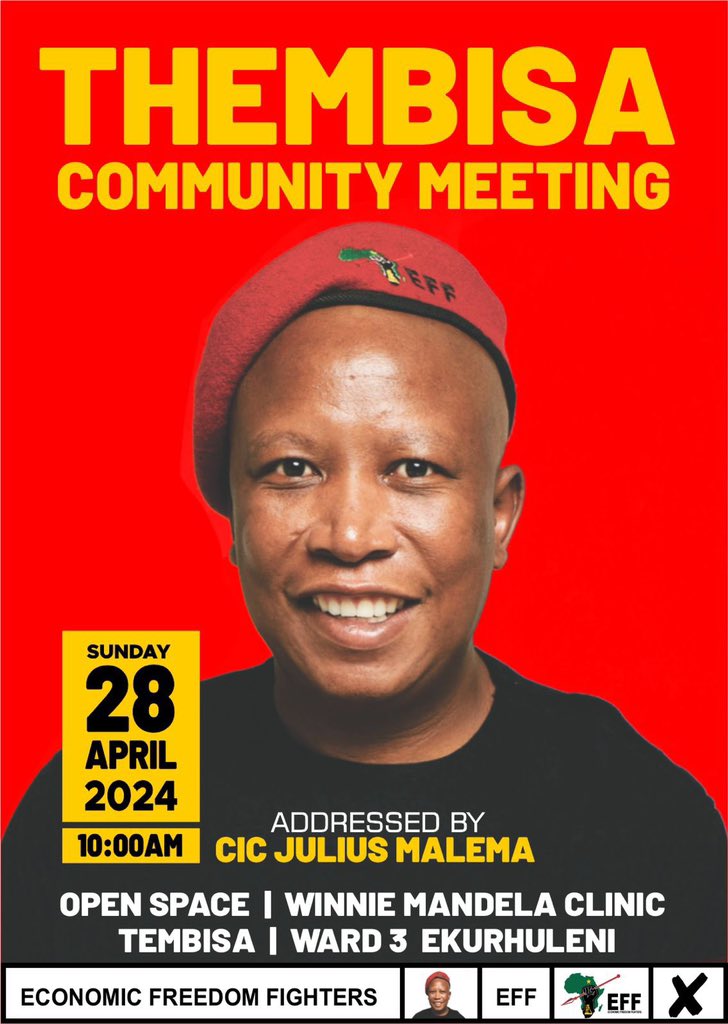 Ever hardworking @Julius_S_Malema will be at Thembisa today. Let's go in numbers to support