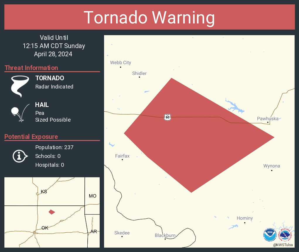 Tornado Warning continues for Osage County, OK until 12:15 AM CDT