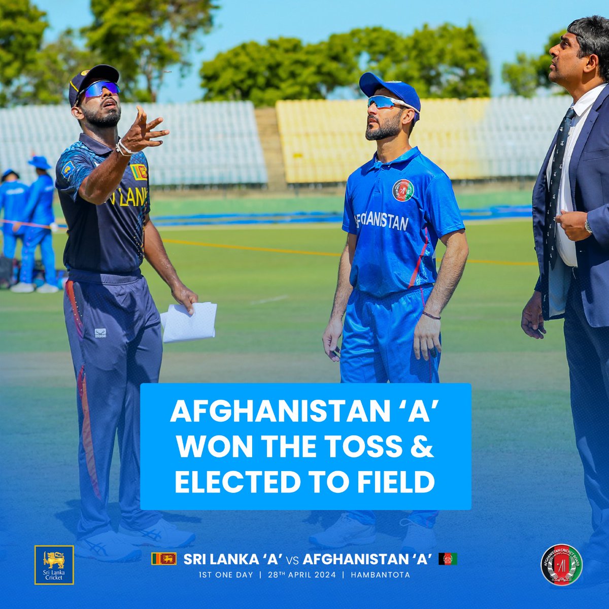 Afghanistan A won the toss and elected to field first. Can our batters put up a strong total at MRICS Hambantota? ️

#SLvAFG #SLAteam