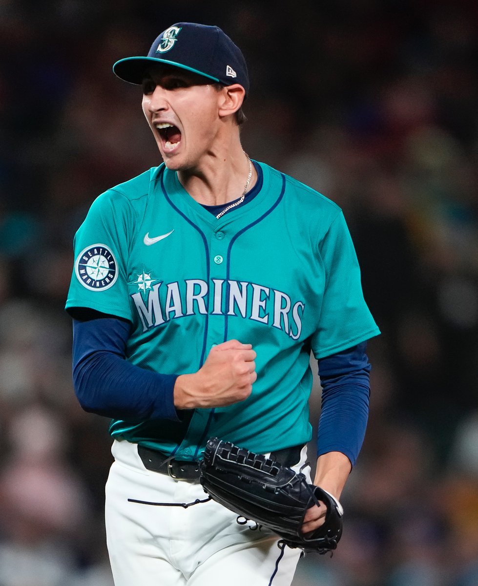 #Mariners pitcher George Kirby reacts after striking out former teammate Eugenio Suárez in the seventh inning to earn a career-high 12 strikeouts against the #Diamondbacks in the 3-1 win today. (AP/Lindsey Wasson)