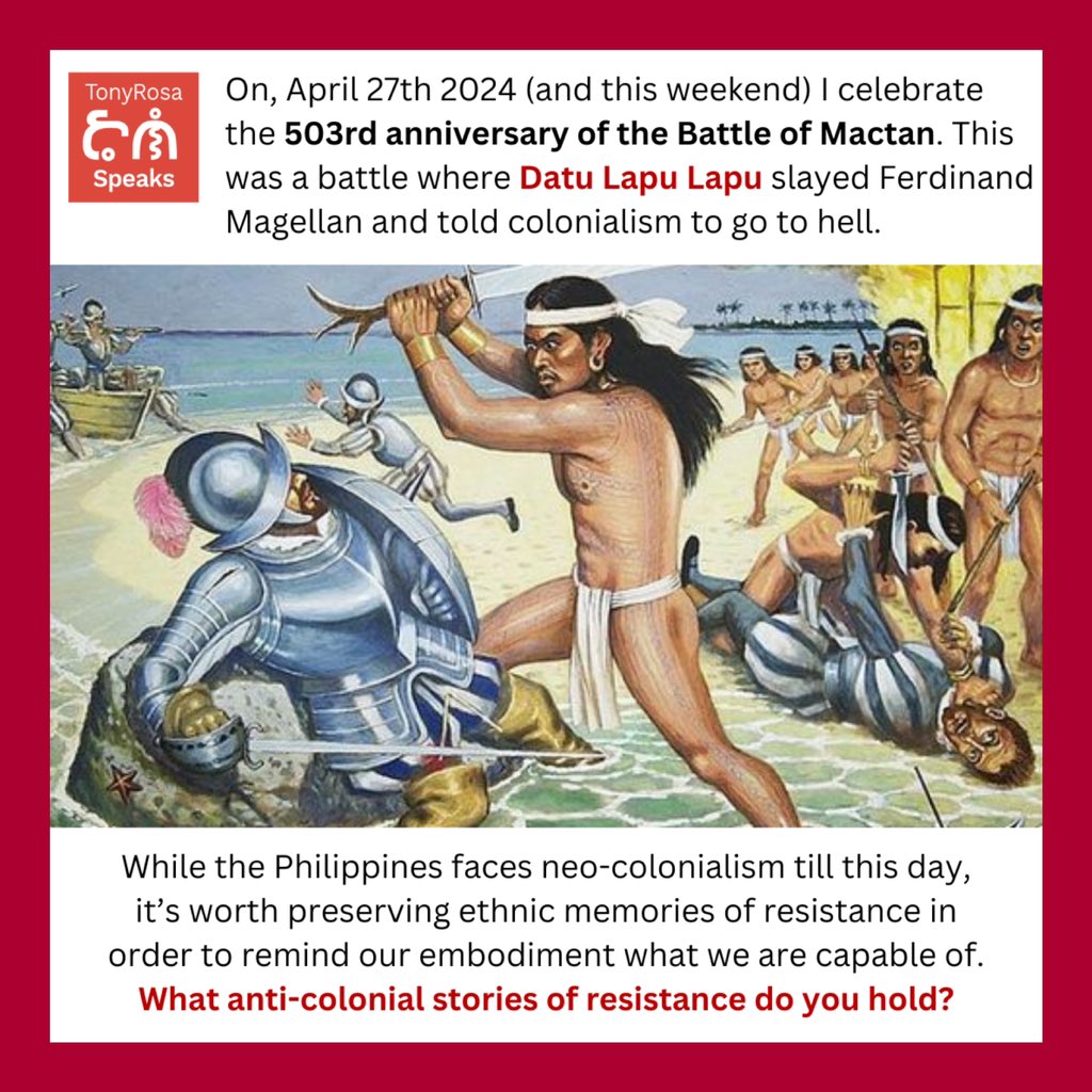 I almost forgot to share that this weekend is a 503rd anniversary of the Battle of Mactan ✊🏽🇵🇭. In an era of mass repression & neocolonialism, I hold these counter stories of our ancestors near and dear. Datu Lapu Lapu was a real one 🗡️