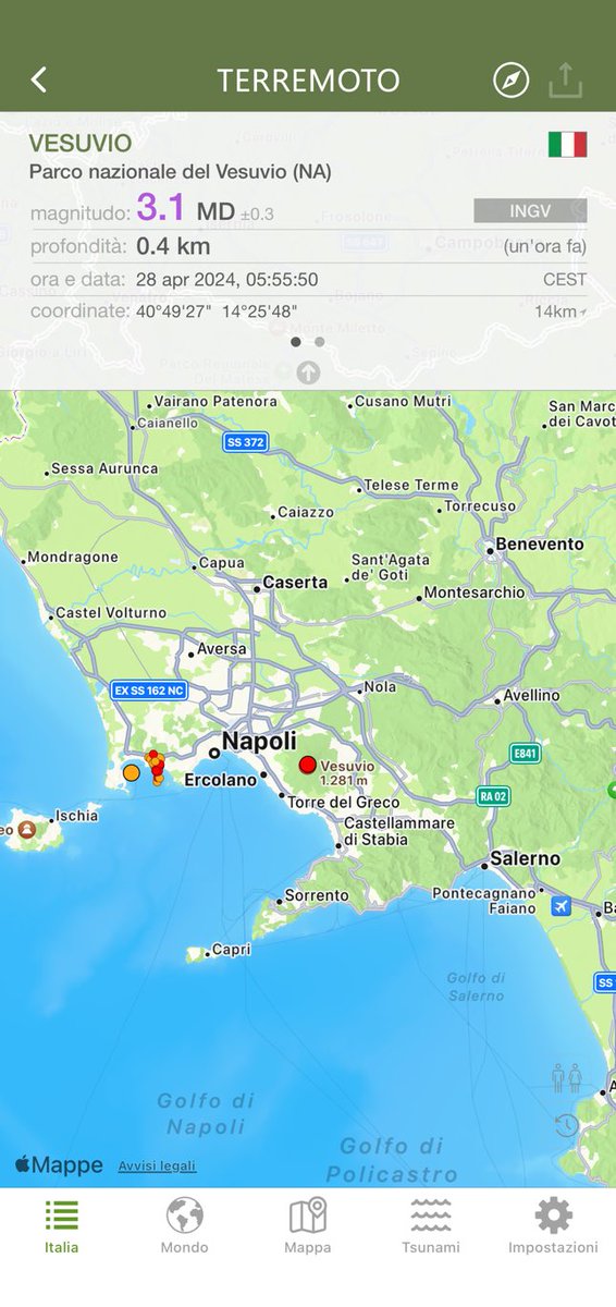 un'ora fa #terremoto 3.1 a Parco nazionale del Vesuvio (NA), 0.4km, 05:55 CEST (INGV ) terremoto.app/m/?e_id=ingv.o…
In atto uno sciame sismico sul Vesuvio stavolta 
#campiflegrei #vesuvio