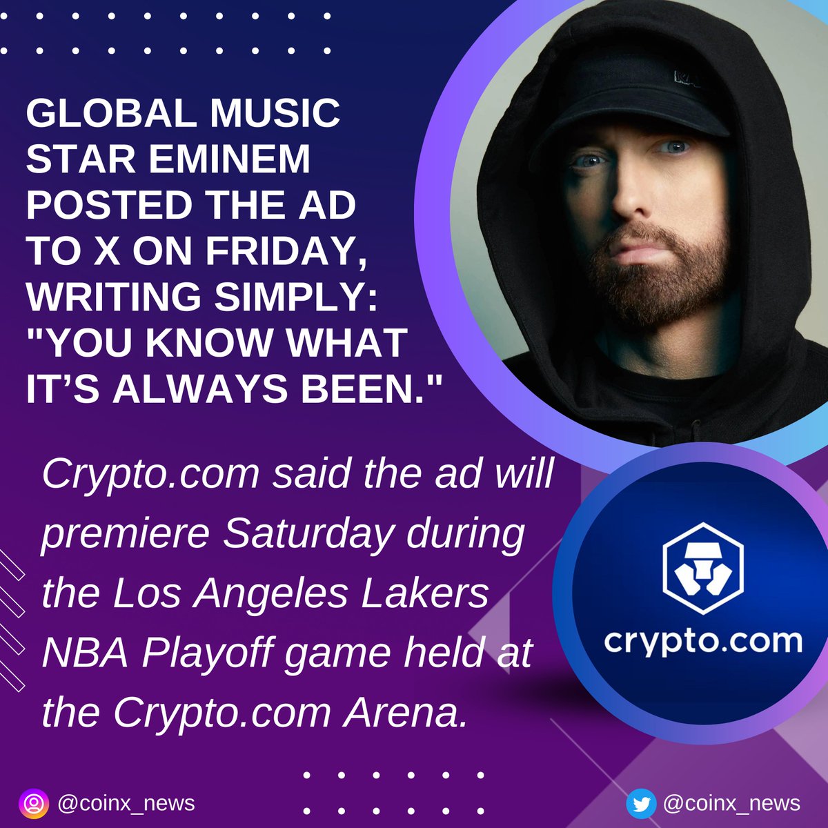 Eminem replaces Matt Damon as Crypto.com celebrity spokesperson!
#Eminem #MattDamon #Cryptocom #celebrity #Premiere #NBAPlayoffs2024 #arena #LosAngeles #blockchain #BlockchainTechnology #Crypto #CryptoCommunity #cryptomarket #cryptotrading #CryptoNews #coinxnews