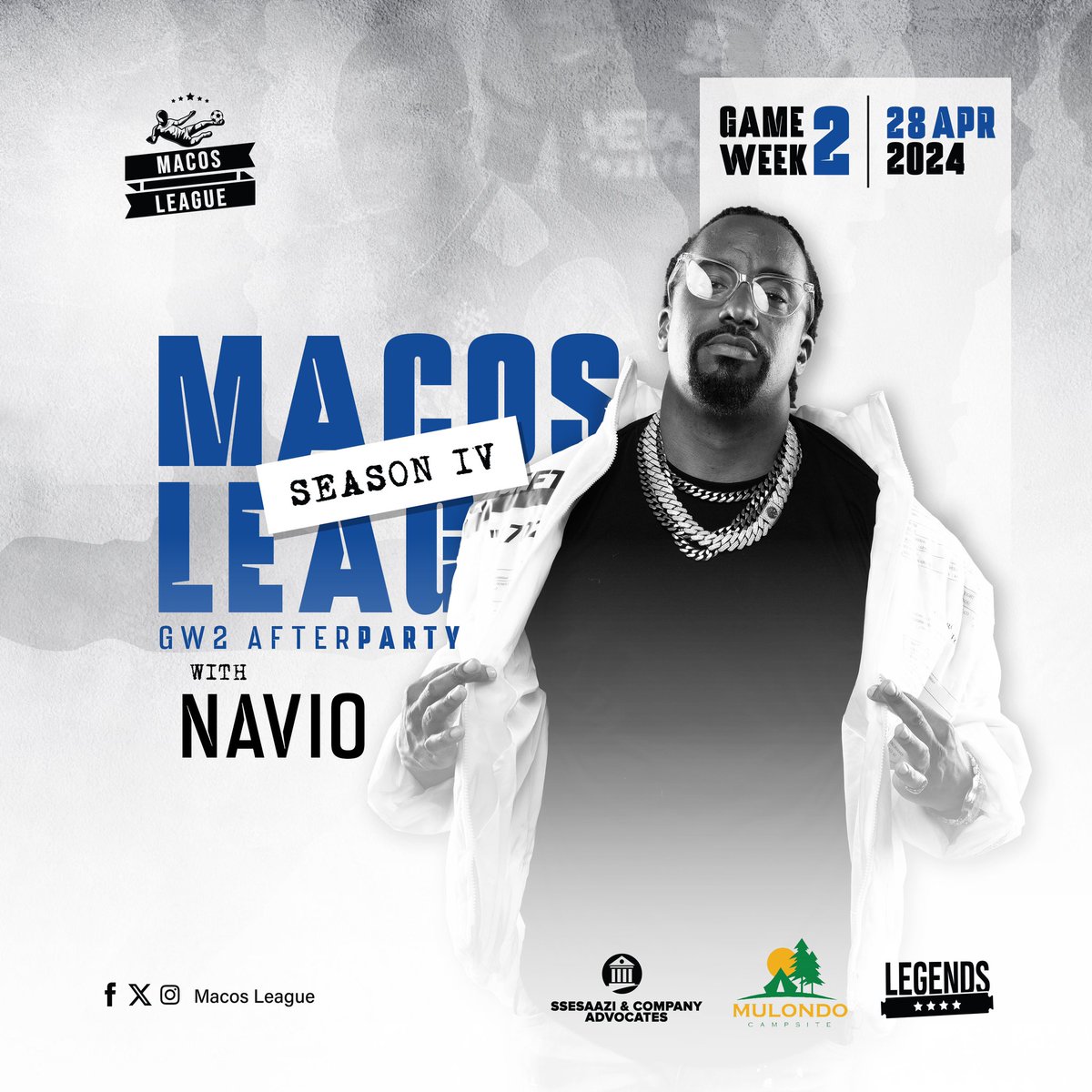 It’s @TheMacosLeague #TheMacosLeagueIV Game Week 2 Sunday 🤩⚽️ Come through for the fun & stay for more vibes from this bad man from Rubaga @naviomusic See you there! #TheMacosLeagueIV #LegendsGrounds