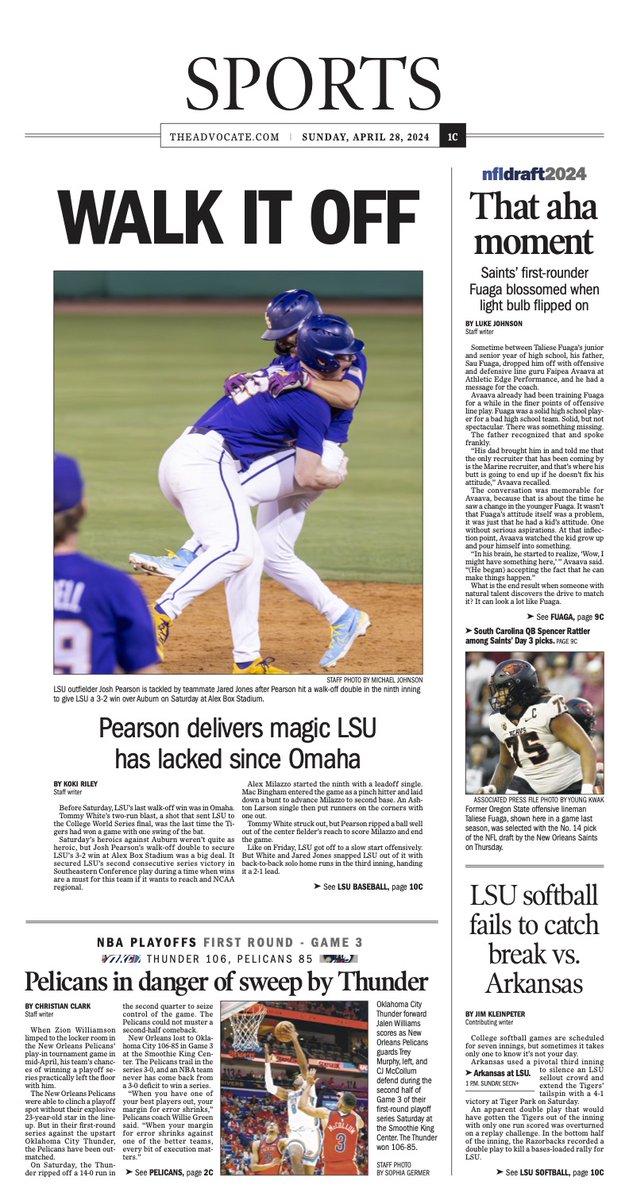 Pelicans are up against it in their first-round playoff series vs. the Thunder, and LSU baseball walks it off against Auburn in an SEC clash. My sports fronts for today's New Orleans and Baton Rouge editions of The Advocate.