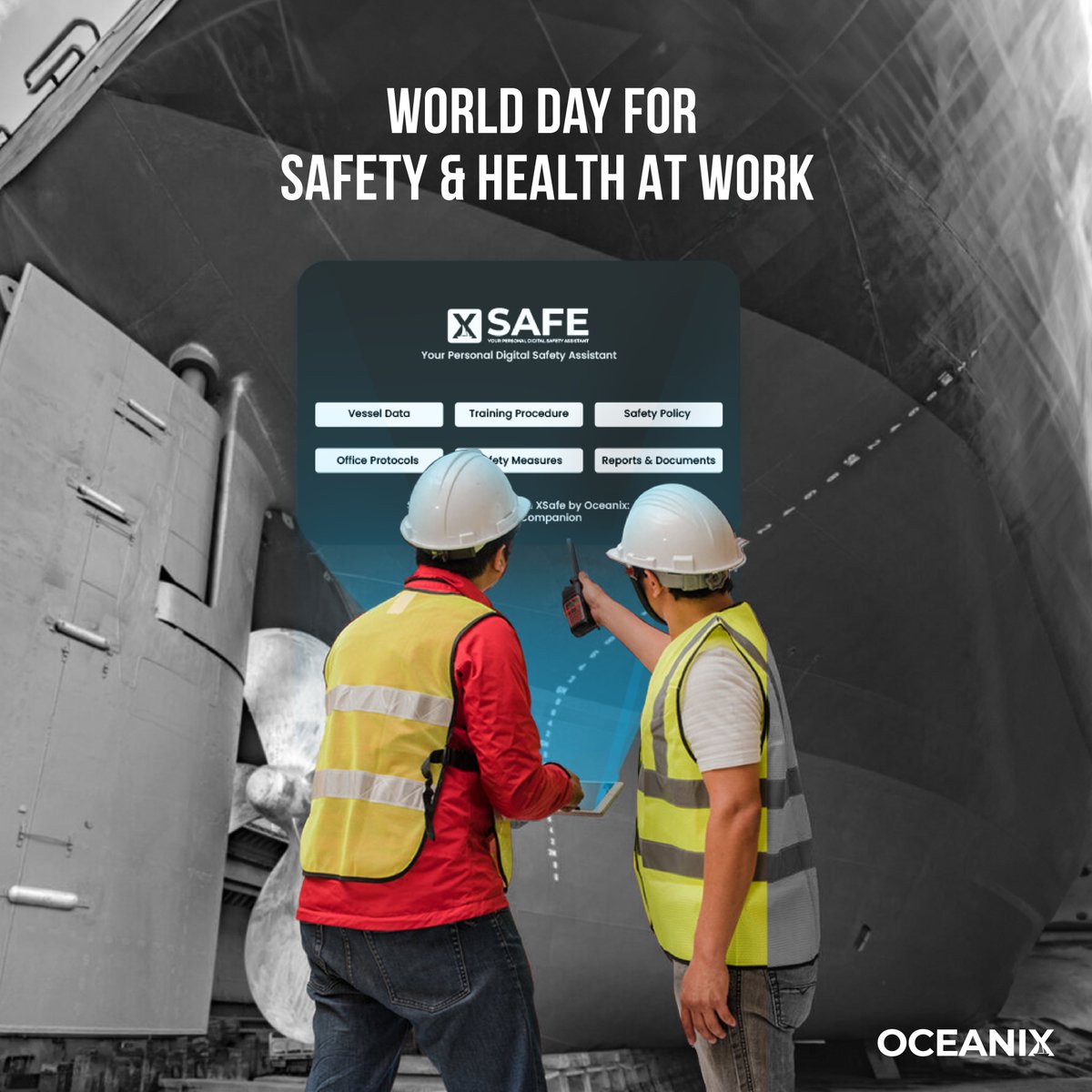 oceanixcloud's tweet photo. May your World Health and Safety Day be filled with a sea of wellness and a harbor of security. Wishing you smooth sailing ahead from Oceanix! 

#XSafe #Oceanix #healthandsafety #maritime #seafarers https://t.co/fLrEIhURhX