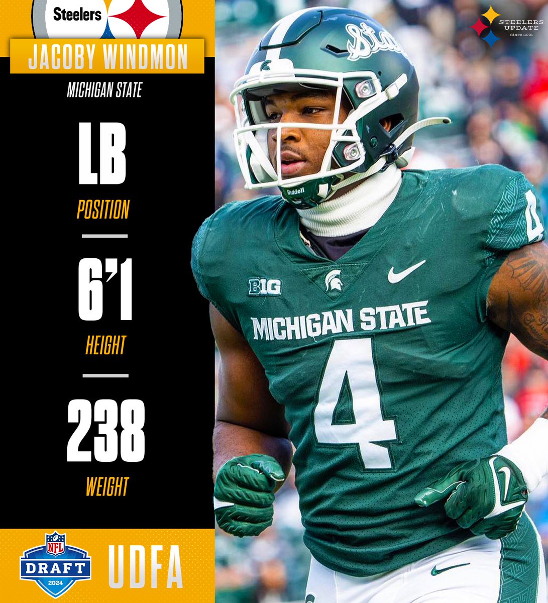 Former #MichiganState LB Jacoby Windmon is signing with the #Steelers as an undrafted free agent. 

Windmon played three seasons at #UNLV before transferring to Michigan State in 2022. In two seasons, he compiled 64 tackles, 12.5 for a loss, 6.5 sacks, 6 FF and 1 INT for the…