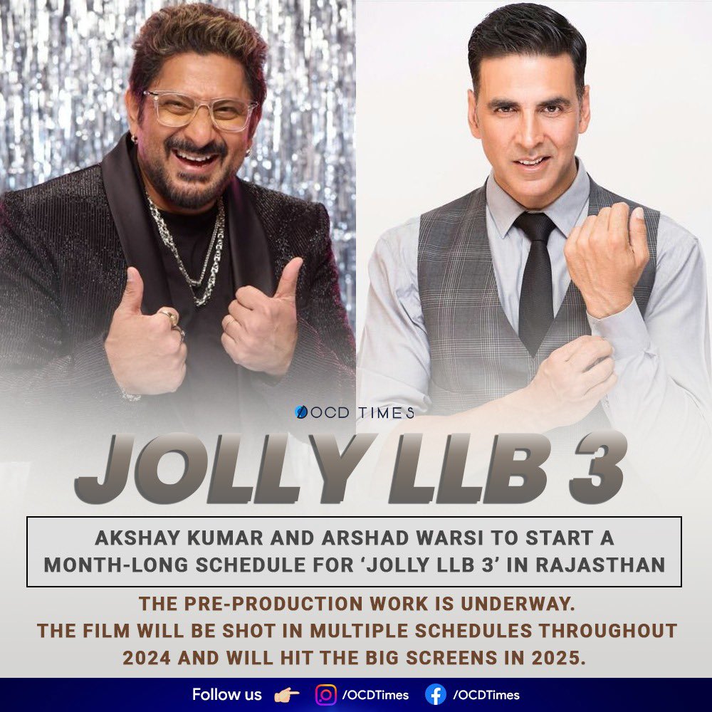 Saurabh Shukla will be seen playing the judge in this one too. However, so far no announcement has been made about the film's leading lady. 
.
#OCDTimes #AkshayKumar #ArshadWarsi #SaurabhShukla #SubhashKapoor #JollyLLB #JollyLLB2 #JollyLLB3