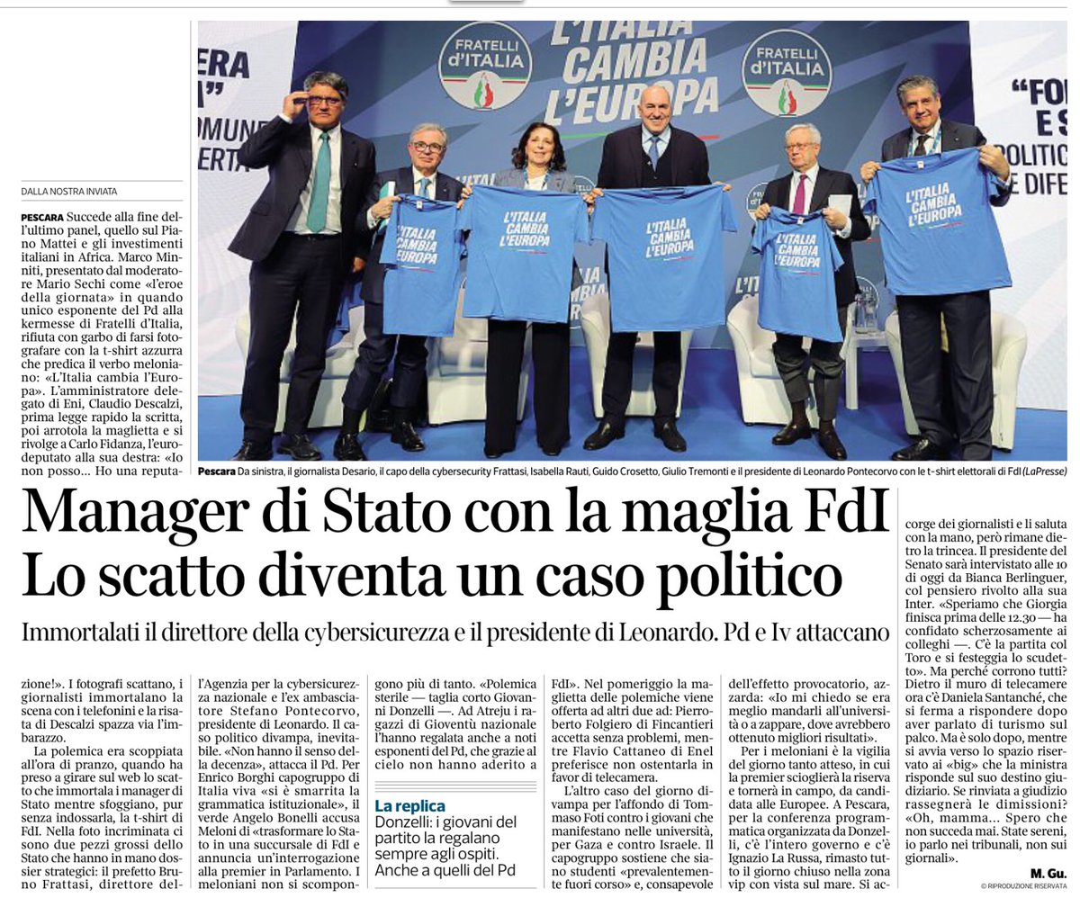 Il triste spettacolo della marchetta dei manager di Stato per la campagna elettorale di Fratelli d’Italia. Frattasi, capo della cybersecurity e Pontecorvo presidente di Leonardo si fanno fotografare mentre ostentano la t-shirt elettorale di FdI. Imbarazzante Crosetto, ministro…