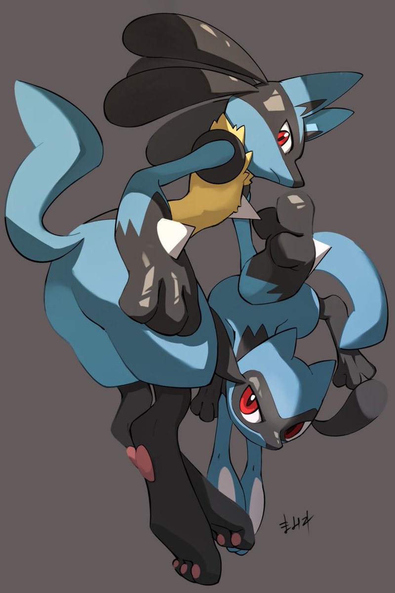 lucario looking at viewer smile simple background red eyes closed mouth standing tail  illustration images