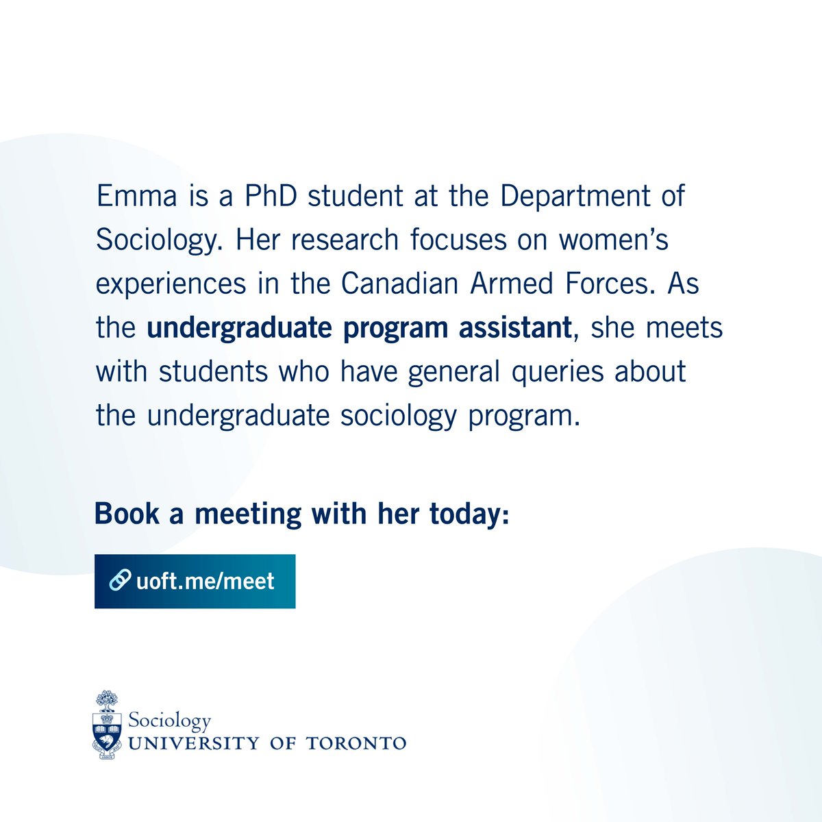 📚Meet Emma, our Undergrad Program Assistant! Are you an undergraduate sociology student with questions about degree requirements, student resources, or academic planning? Meet with Emma over the summer term and be prepared for September. Book a meeting: 🔗uoft.me/booknow
