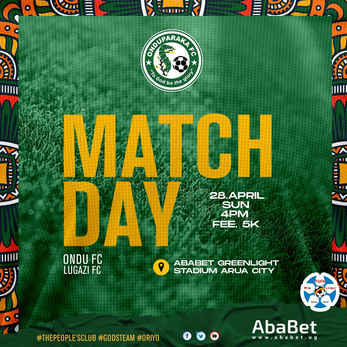 #ONDULUG | MATCH DAY It's Action Packed Match Day at Ababet Greenlight as ONDU FANS Face Arua Media at 1PM before the big one against Lugazi FC at 4PM. Entrance: 5,000/- (Paid once) #AmaOnduparaka #GodsTeam