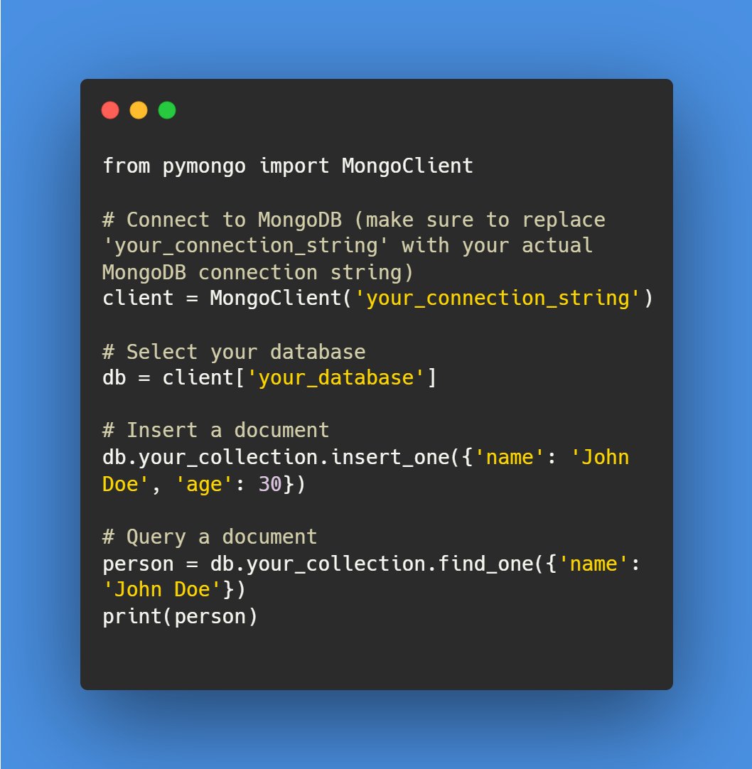 🚀 Dive into NoSQL with MongoDB and Python! Here’s a simple example to get you started on document-based storage. #NoSQL #MongoDB #DataStorage
Harness the flexibility of NoSQL databases for your projects today! 🌐 #WebDevelopment #Programming #TechTips