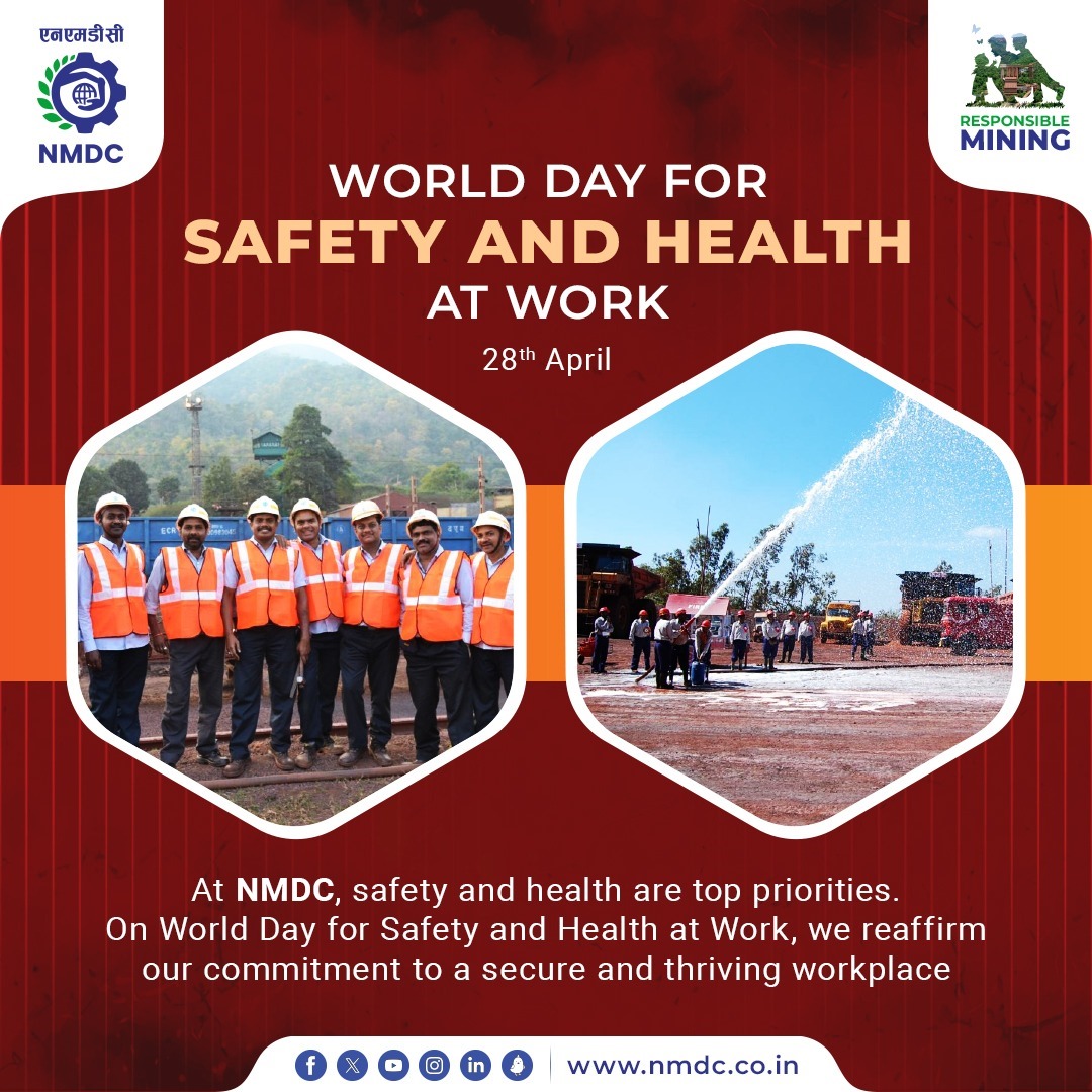 Ensuring a safe and healthy workspace is key to enhancing productivity and fostering employee well-being. It's about caring for our most valuable asset – our employees. At #NMDC, we prioritize their well-being every day. #ResponsibleMining #worlddayforsafetyandhealthatwork