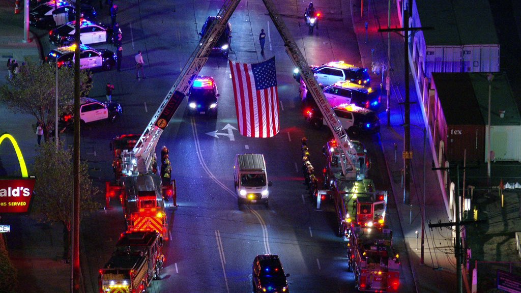 THE body of a LA County Sheriff Deputy received a final salute while being transported to the LA County Coroner’s Office. The Deputy passed away from a medical condition while on duty. @LASDHQ @FOXLA #skyfox #groundfox