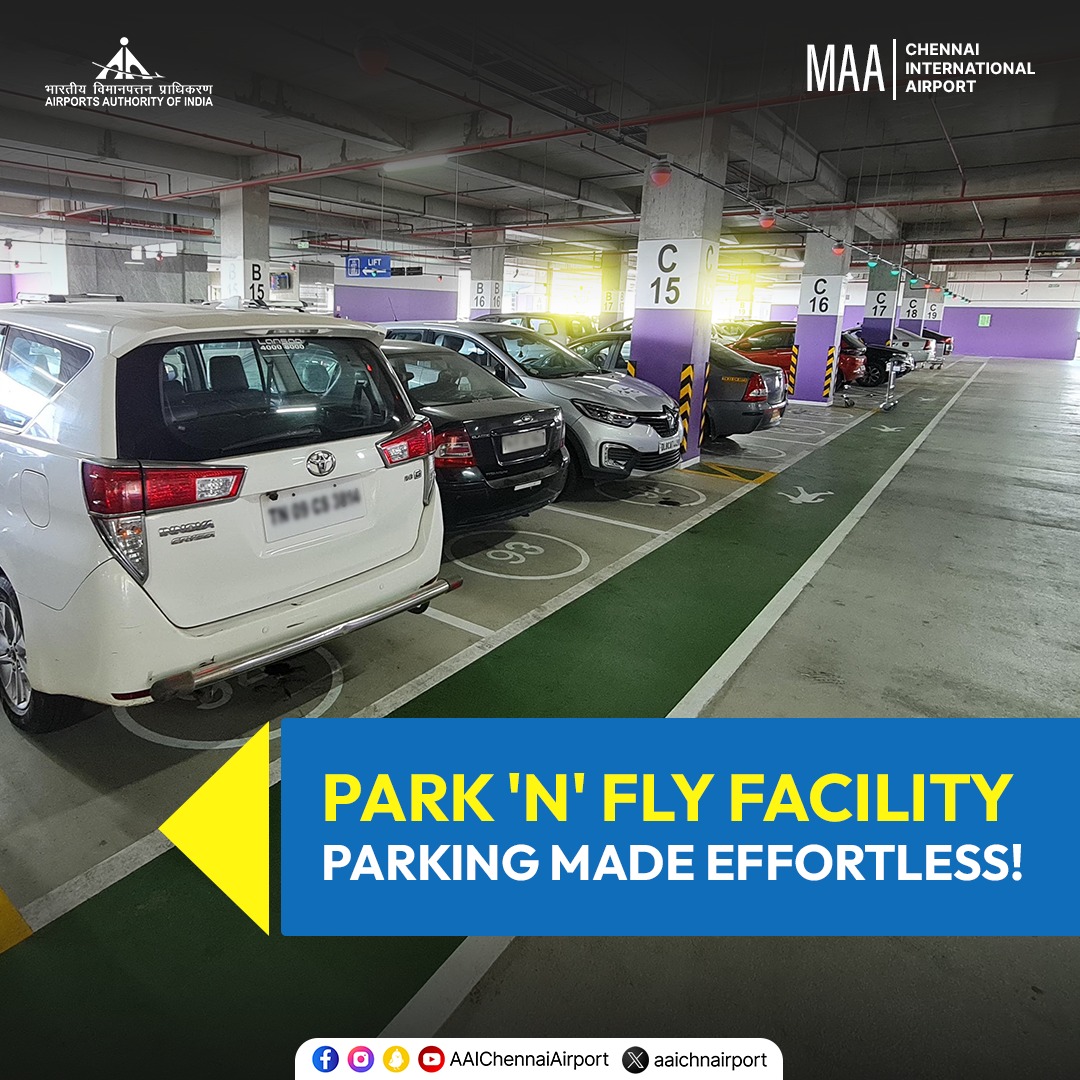 Drive, park, and fly! Simplifying your journey through Chennai Airport with the Park and Fly facility, where secure parking for both cars and bikes is available. #ChennaiAirport @AAI_Official | @MoCA_GoI