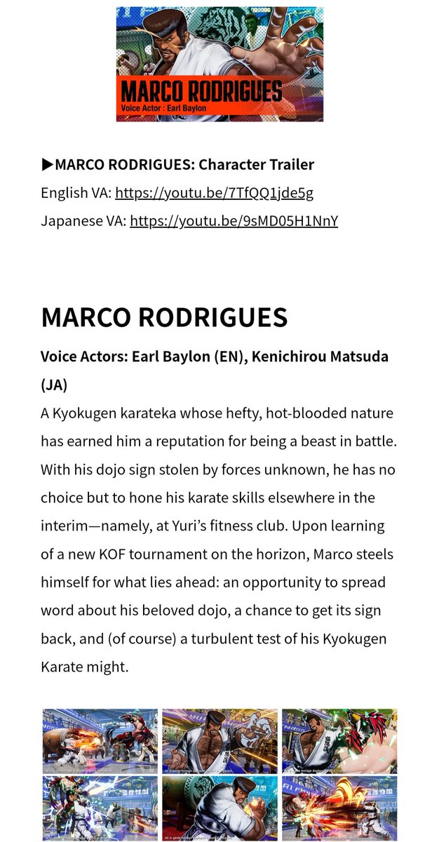 MARCO RODRIGUES OFFICIAL BIO IN FATAL FURY: CITY OF THE WOLVES - BY SNK. Source: snk-corp.co.jp/us/press/2024/… #FATALFURY #FFCOTW #FF #SNK