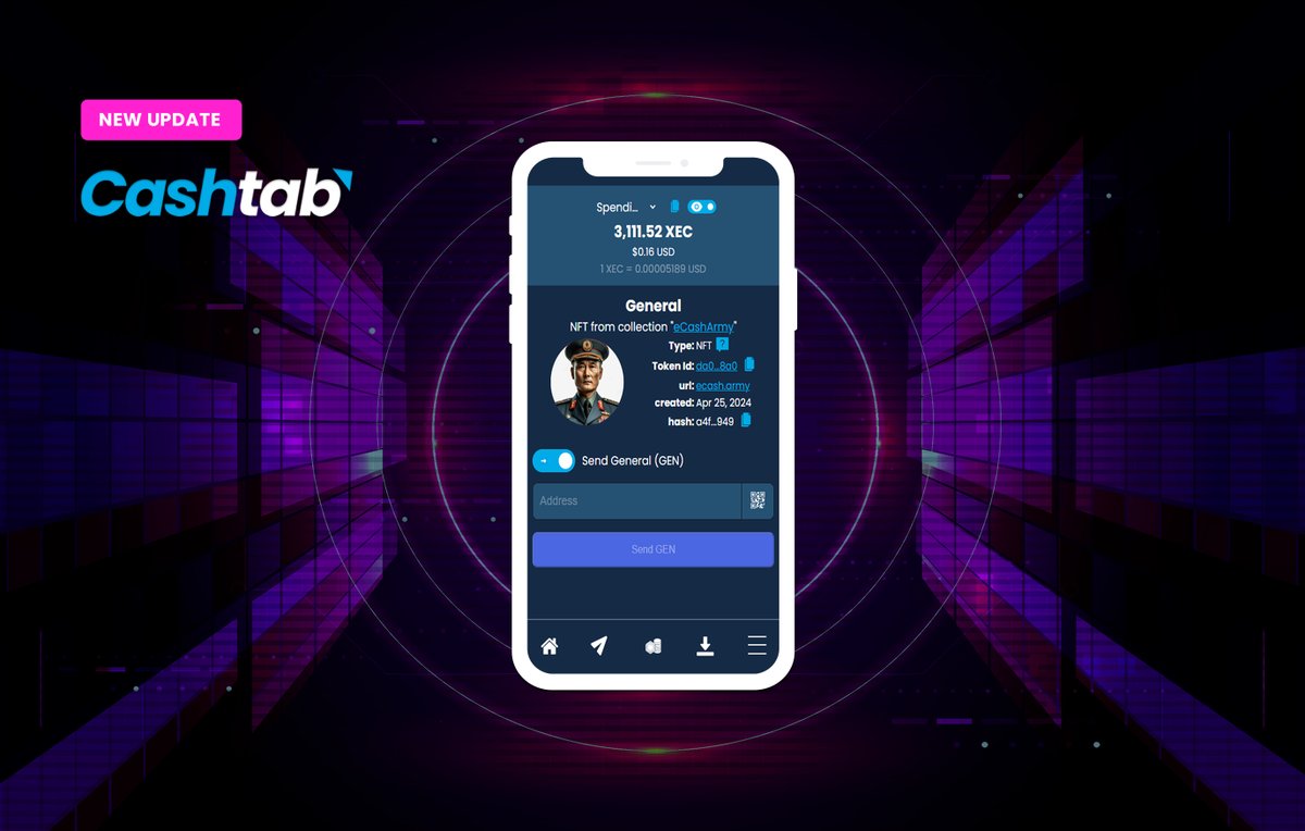 📣 New update!

🚀 With the release of Cashtab v2.38.0, sending and receiving #NFTs is now supported!

ℹ️ To send an NFT, navigate to the eTokens 🪙 screen, select the desired #NFT 🖼️, enter the recipient's eCash address, and hit Send.

Try it now ➡️ Cashtab.com