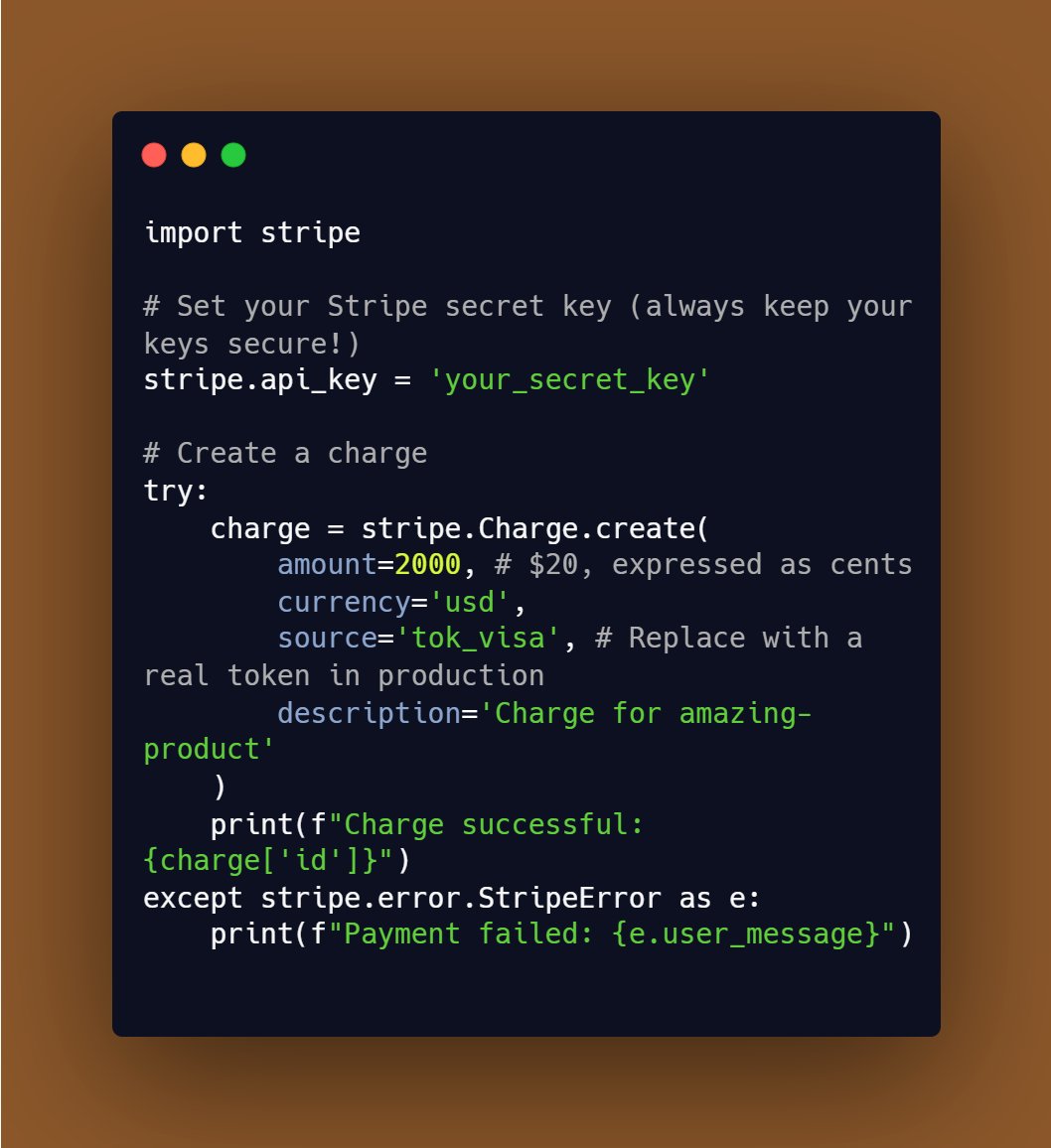 💳 Simplify online payments with Stripe! Here's a Python snippet to create a charge. Perfect for e-commerce developers! #PaymentGateways #Stripe #EcommerceBoost your sales with secure, efficient payment processing! 🚀 #WebDevelopment #TechTips #Fintech