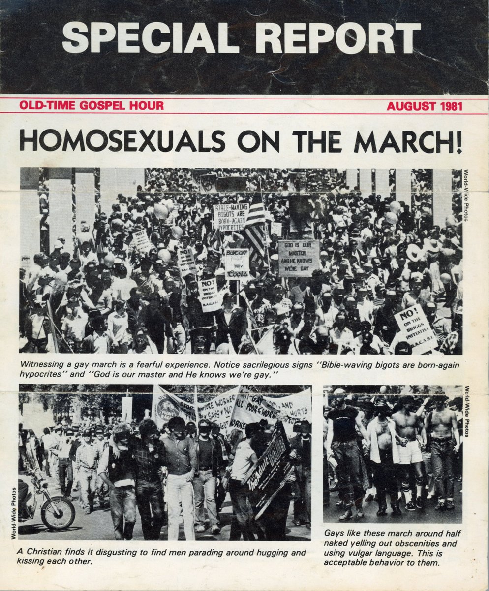 Was rooting around in my archives when I came across this. It's an instructive artifact of just how long the Christian nationalist/evangelical campaign has been demonizing and scapegoating the LGBTQ community. It was a mailing from Jerry Falwell's Moral Majority in 1981. 1/4