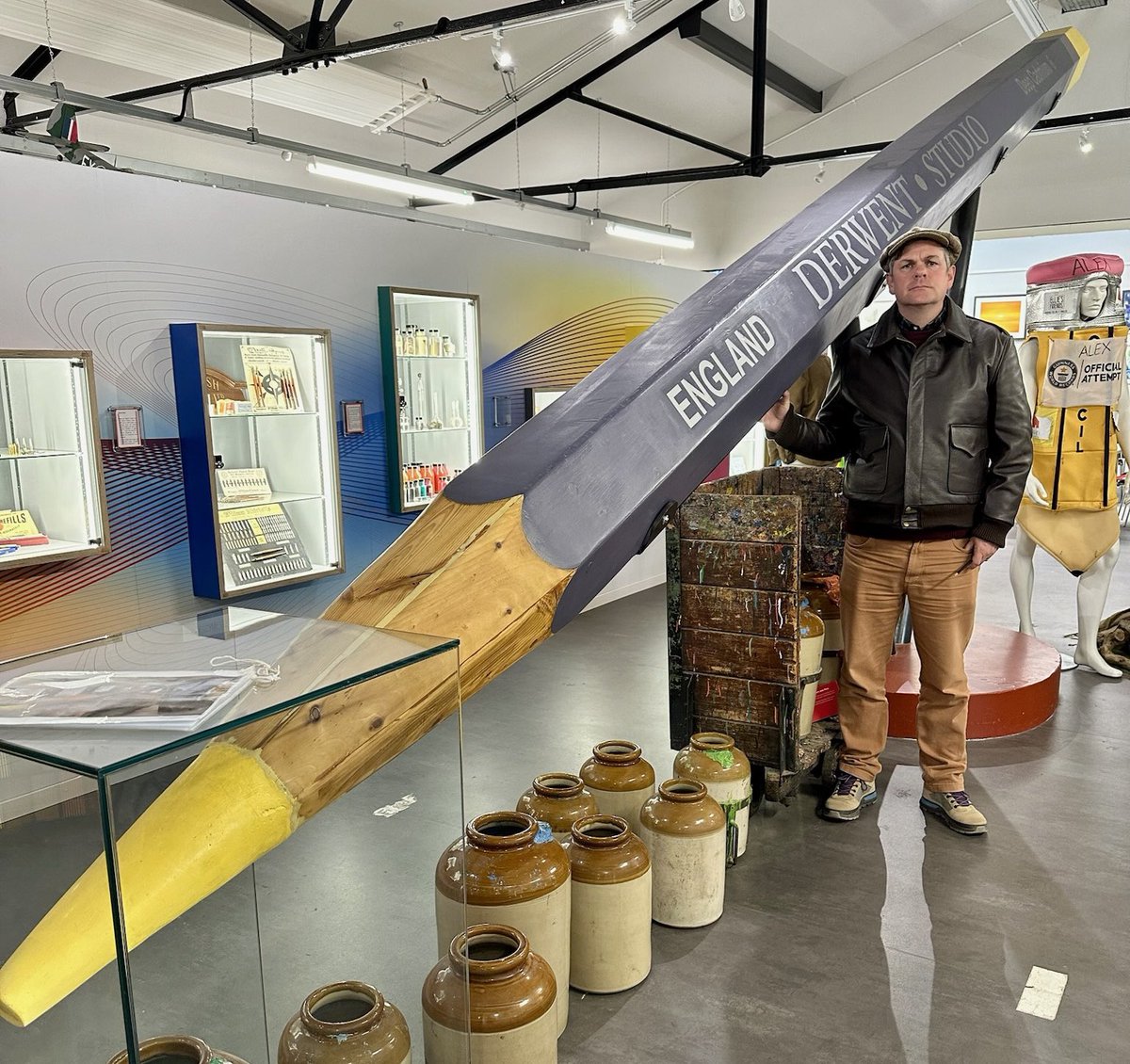 Posing with the world’s largest colour pencil at The Pencil Museum in Keswick