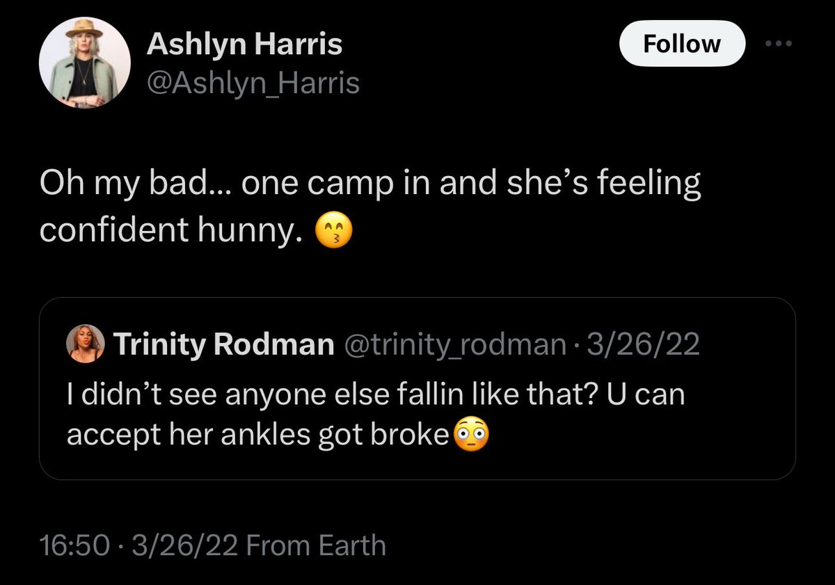 remember when ashlyn harris tried to fight an 18 year old trinity rodman and when trin responded ashlyn resorted to tormenting trinity for getting called up to uswnt camp cause she was bent over the uswnt dropping her fraud ass