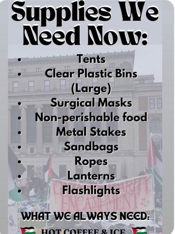 Here’s a list of supplies needed at Columbia’s terror camp. Why does it sound like the shopping list of a serial killer?