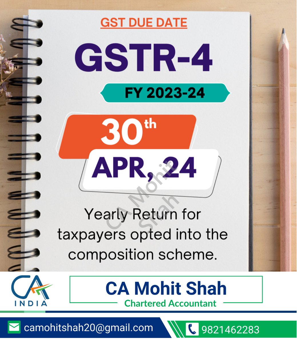 Yearly return for taxpayers opted into the composition scheme is due on 30th April,2024. Ensure timely filing of GSTR-4 to comply with GST regulations.   

 #GSTR4 #CompositionScheme #GSTReturns #TaxFiling #SmallBusiness #SMEs #TaxCompliance #GSTIndia #BusinessTaxation