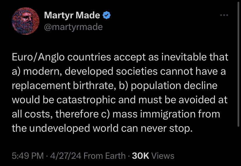People concerned w/population replacement do not ignore low birth rates, @elonmusk. Mass immigration is a solution to population decline, but not a solution to low birth rates, so using it to make up the gap means permanent mass migration from the undeveloped (high birth rate)…