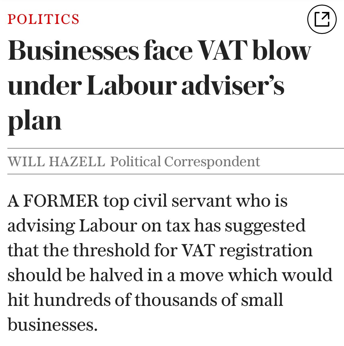 Here comes the Labour Party with its business killing ideas. More small businesses will close if they are forced into the bureaucracy of VAT.

No one running a small business, who is self employed or subject to IR35 will vote Labour.

Huge reasons to vote Reform.