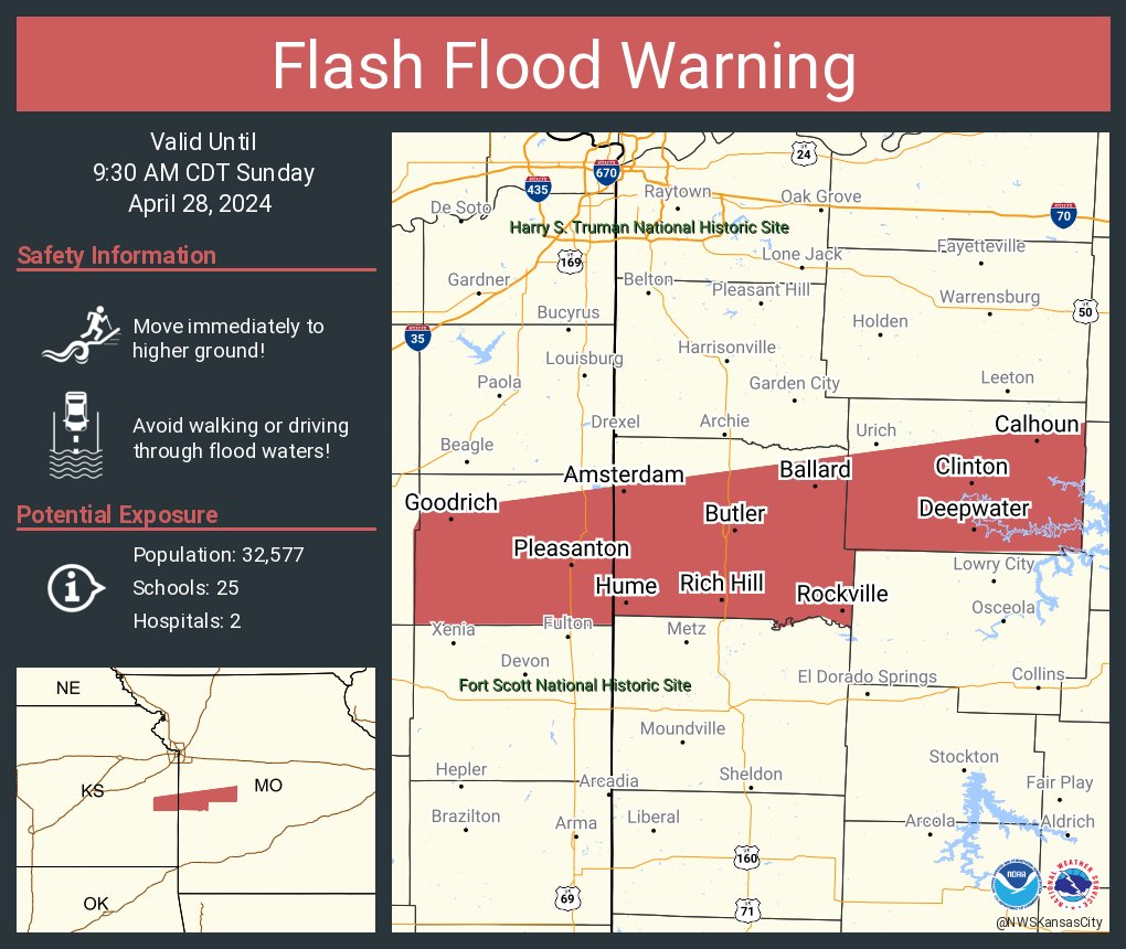 Flash Flood Warning including Clinton MO, Butler MO and Rich Hill MO until 9:30 AM CDT