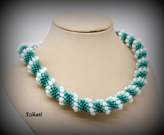 Turquoise White Beadwoven Necklace, OOAK Beaded High Fashion Jewelry, Women's Accessory, Gift for Her, Original Beadwork, RAW, Seed Bead Art etsy.me/4aVffCy @Etsy által