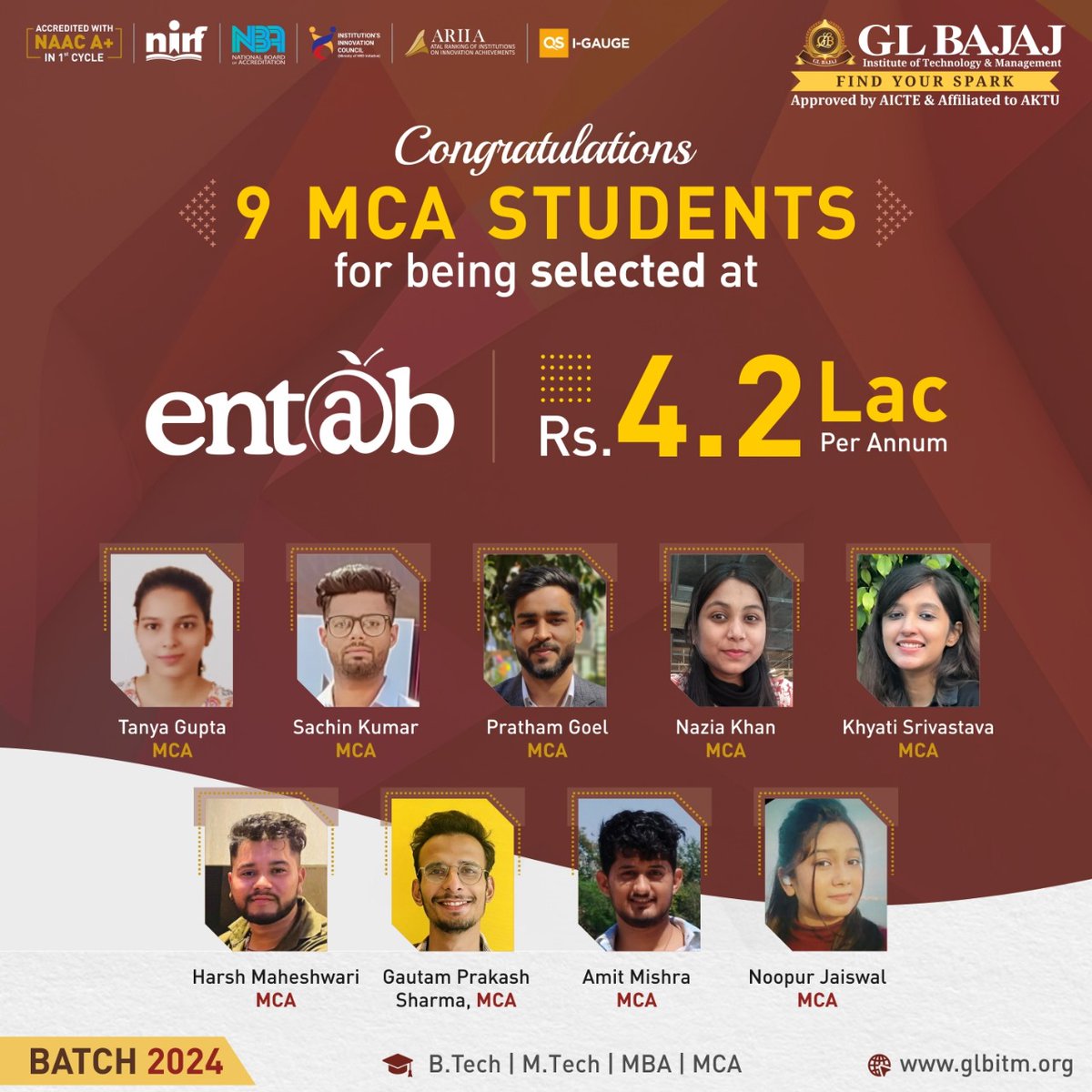 Bright students of MCA, Batch 2024 of #GLBajaj Institute of Technology & Management (GLBITM) have secured an outstanding placement at Entab Infotech Pvt. Ltd.

#GLBITM #Placement #campusplacement #MCA #studentplacement #BEaGLBian #topbBtechcollege #placement2024 #NAAC #NBA #NIRF