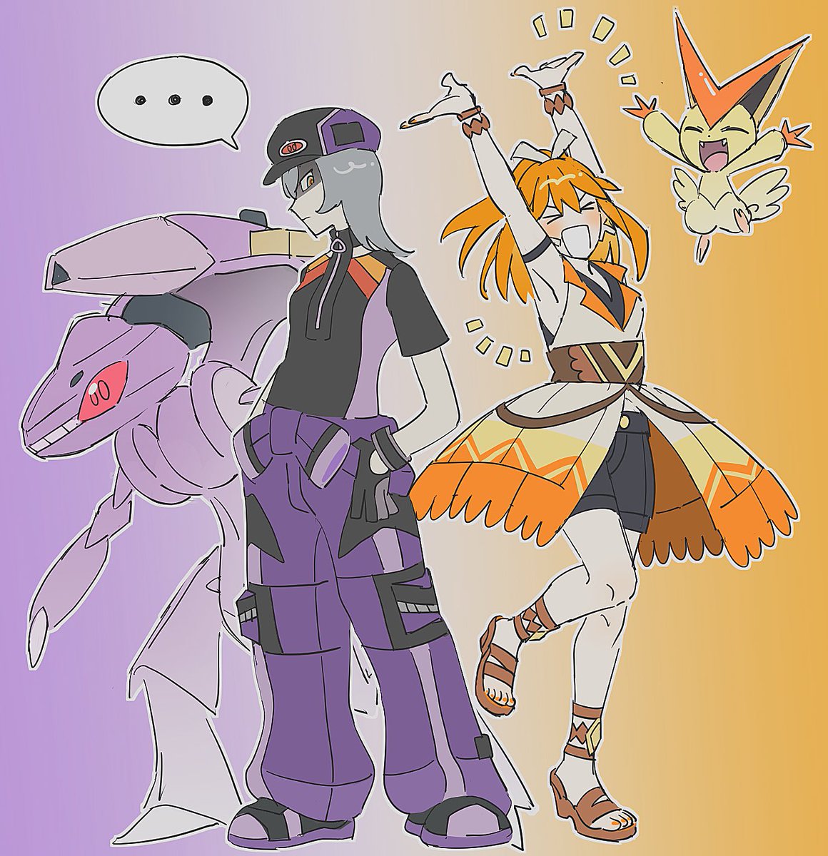 sacha/winry in the genesect/victini signa suits 💜🧡