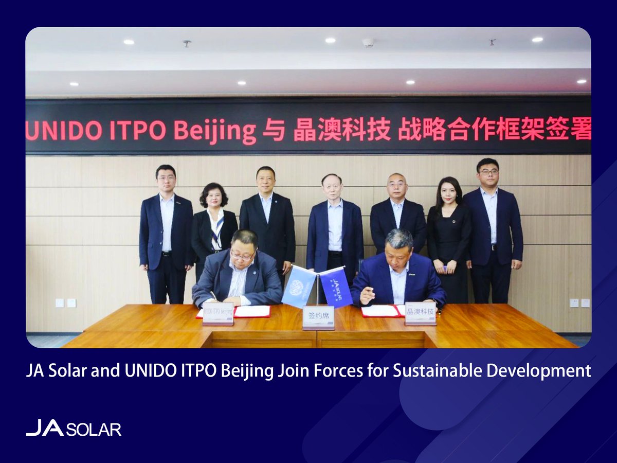 #StrategicCooperation 
Exciting news! We're thrilled to announce a strategic cooperation agreement between JA Solar and UNIDO ITPO Beijing. This partnership aims to leverage innovative technologies and collaborative efforts for a brighter, greener future. 🌱🤝