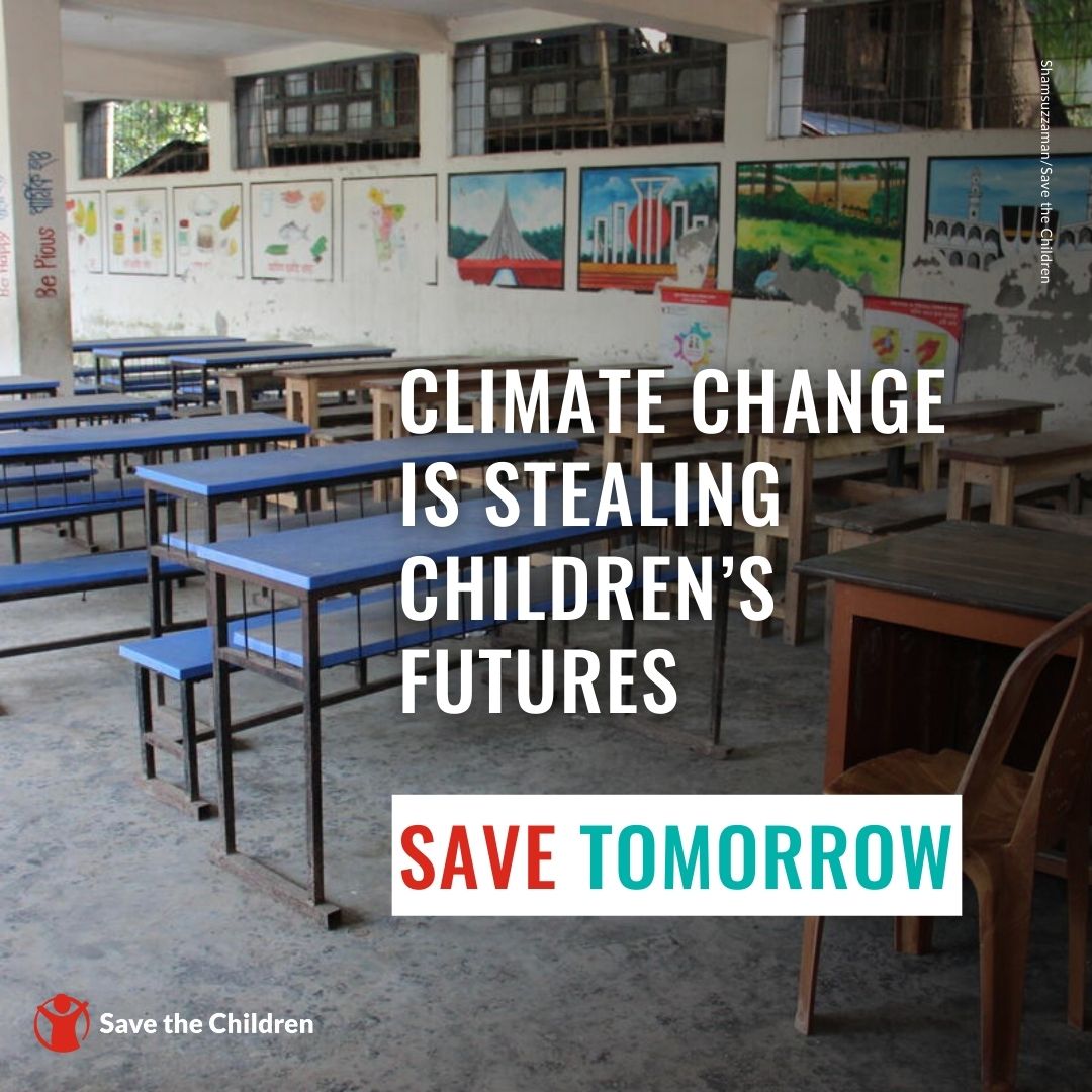 #ClimateChange poses a growing threat to children's #education. Just this week, extreme heat has led to the closure of all schools, forcing 33M kids to miss out on their education in #Bangladesh⚠️ Leaders must act urgently to reduce warming temperatures & #SaveTomorrow.