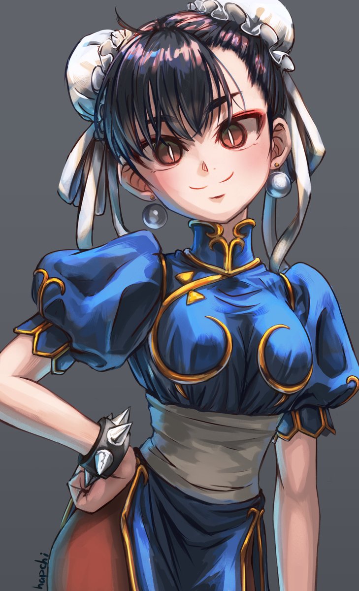 chun-li 1girl solo breasts looking at viewer smile simple background brown hair  illustration images