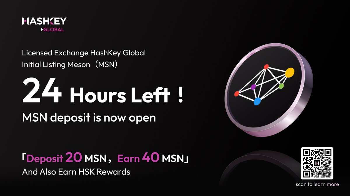 Only 24 hours left for $MSN @NetworkMeson listing on @HashKey_Global! $MSN deposit is now open, deposit 20 earn 40, don't miss out! To celebrate, we're kicking off a special campaign. 🎉 Be one of the first 100 to complete the tasks below and share 800HSK prize pool(100*8)!…
