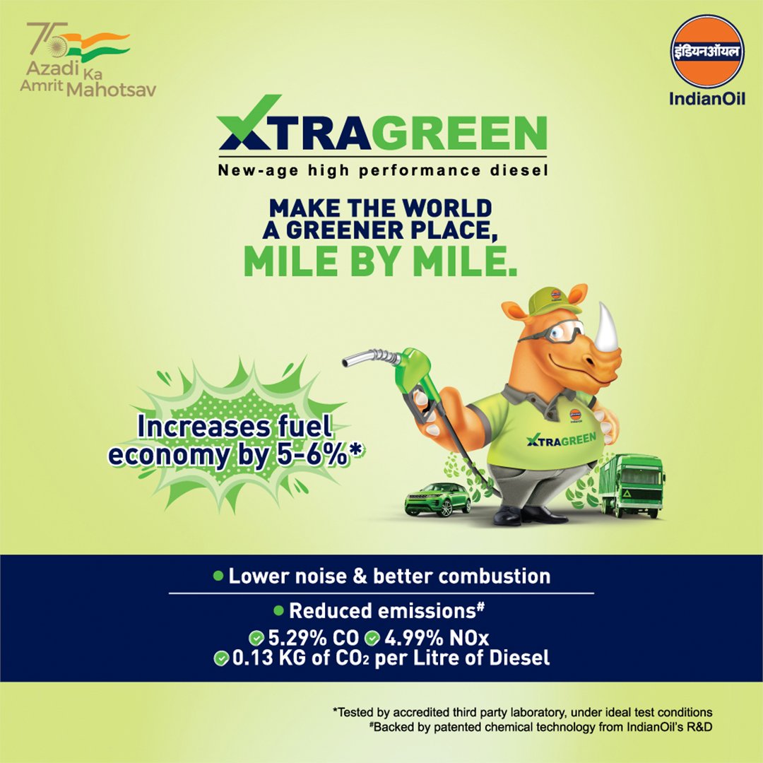 Here's to offering you better performance while making the world a greener place. Introducing XTRAGREEN, a new-age high-performance diesel that increases fuel economy by 5-6%* and ensures reduced carbon emissions. Get it today!